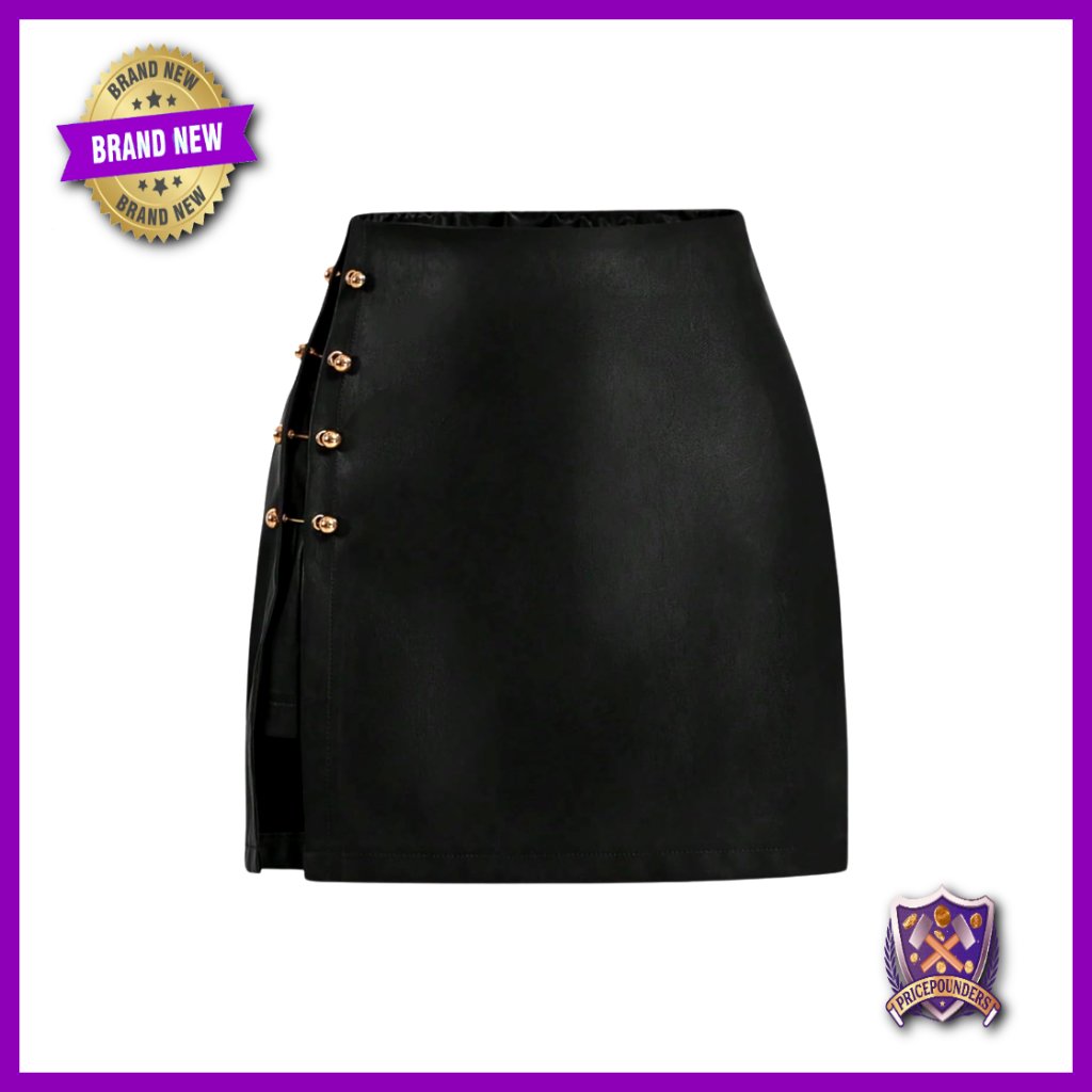 High Waisted Faux Leather Skirt With Metallic Trim And Side Slit